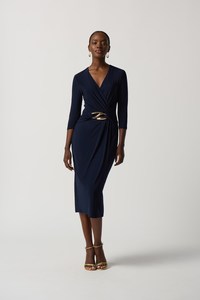 Style 223121 Navy V necked dress with large gold buckle